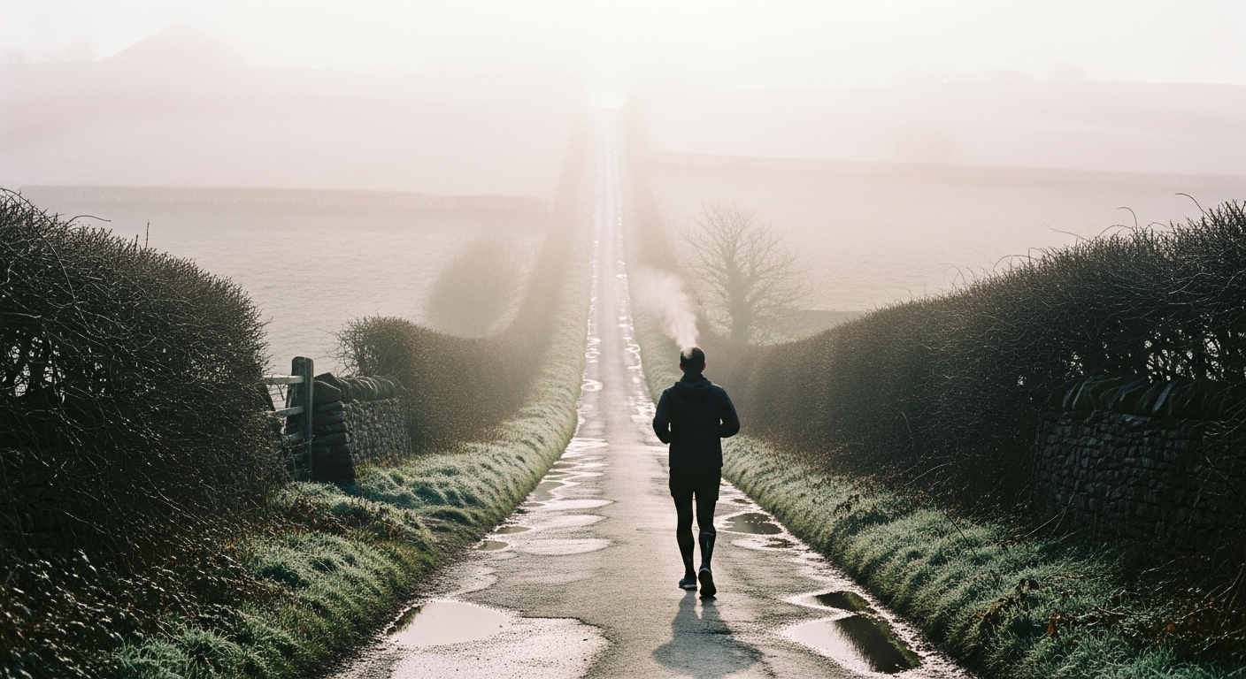 Figure walking uphill on a misty English country lane at dawn, daily obedience of faith and prophetic courage in the UK church