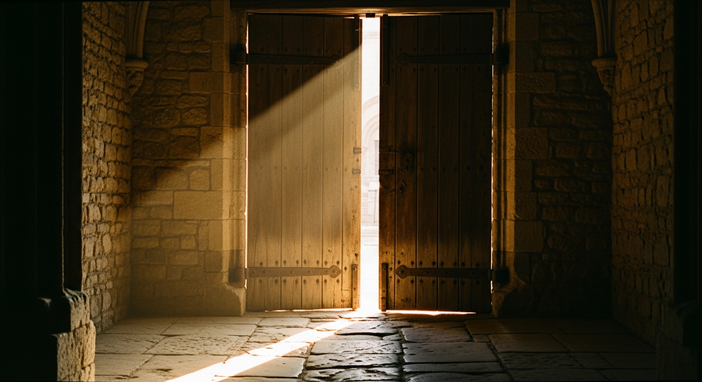Ancient wooden doorway standing open with morning sunlight flooding a dark stone corridor, an invitation to expect God's presence and revival