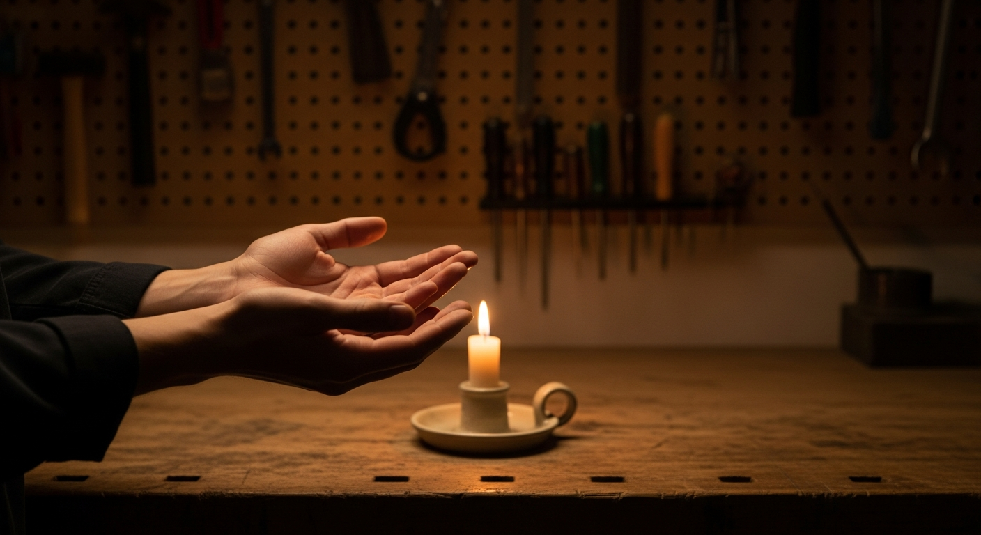 Open palms held out in a dimly lit workshop with a candle on a wooden bench behind, showing believers inviting God into daily work as faith and worship