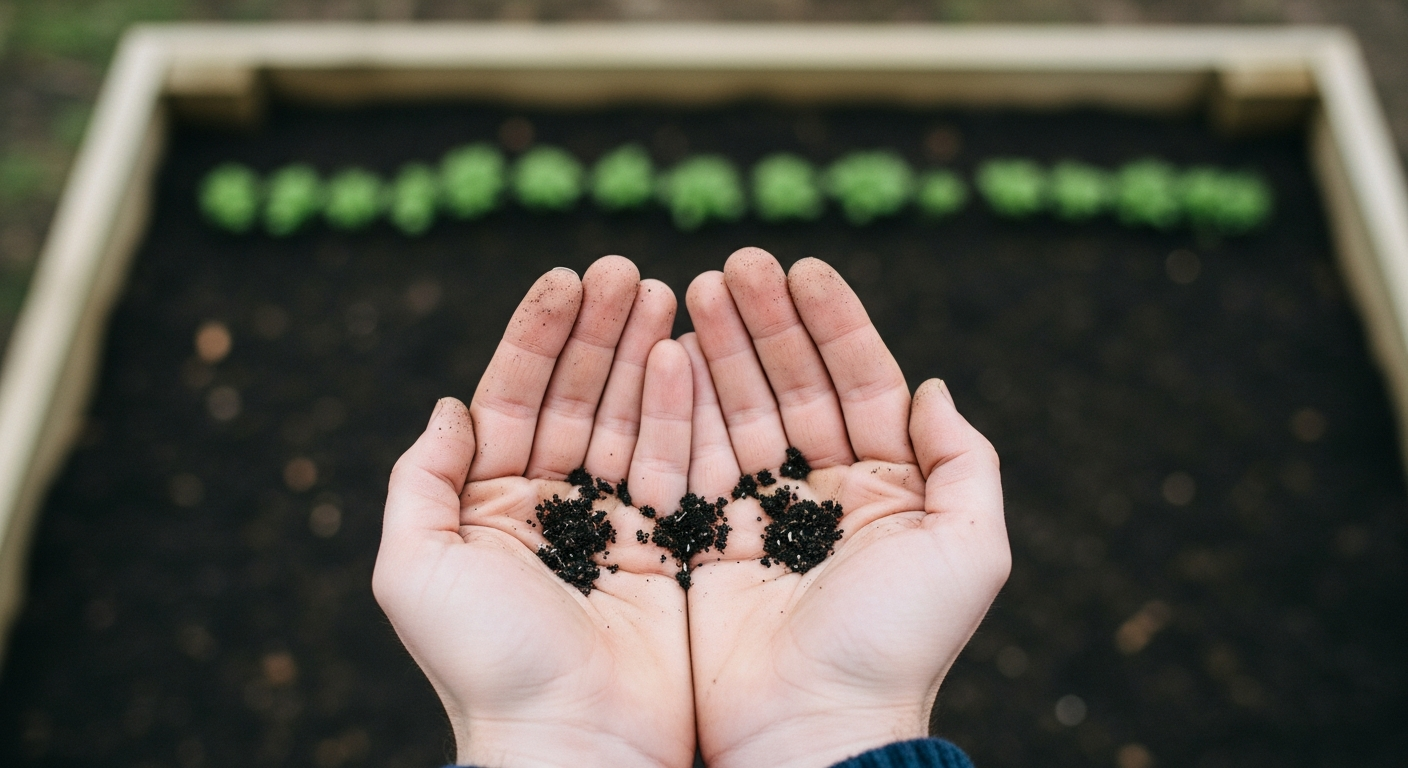 Cupped hands holding seeds over freshly turned garden soil with seedlings emerging behind, capturing the spiritual discipline of kingdom generosity growing