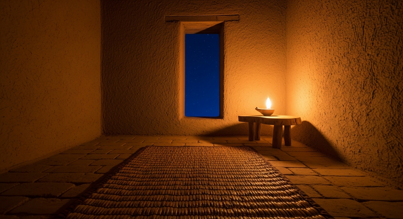 Open window in a Babylonian upper room framing the night sky with an oil lamp glowing inside, Daniel's courageous daily prayer in the face of danger