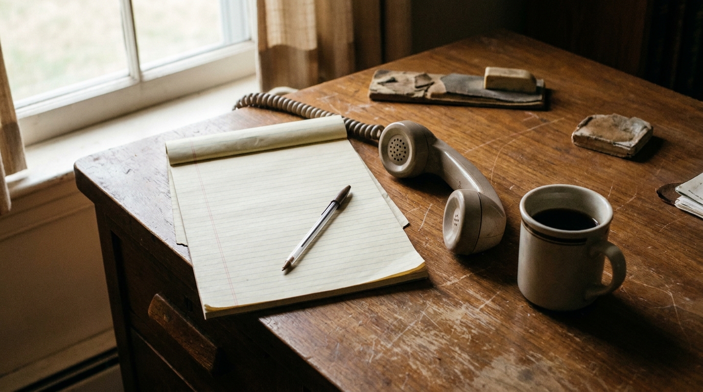 A church office desk with a notepad, a pen, and a phone face down beside a mug of tea, soft window light, documentary still life, no visible faces