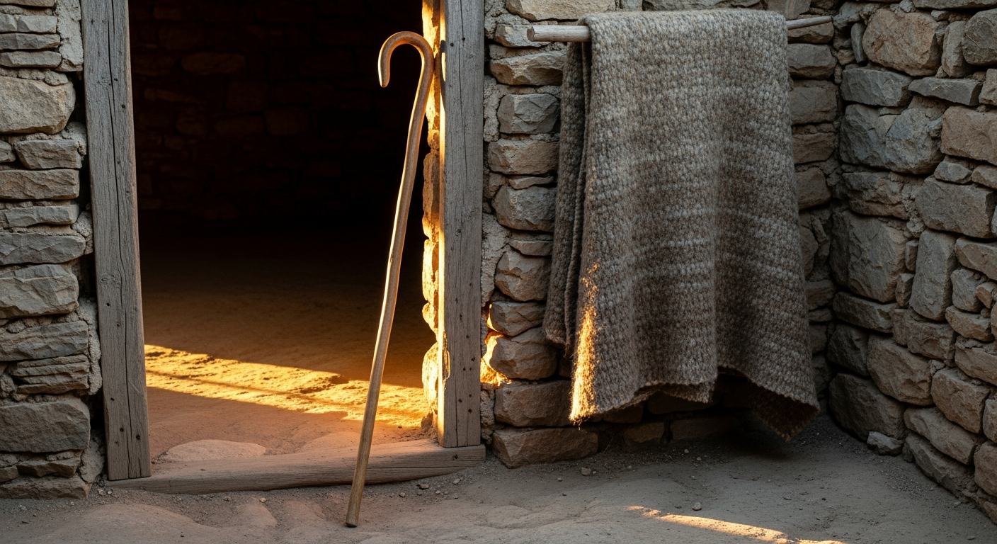 Worn shepherd's staff leaning against a stone doorframe in warm Mediterranean afternoon light, showing Paul's pastoral heart guiding spiritual gifts toward love and clarity