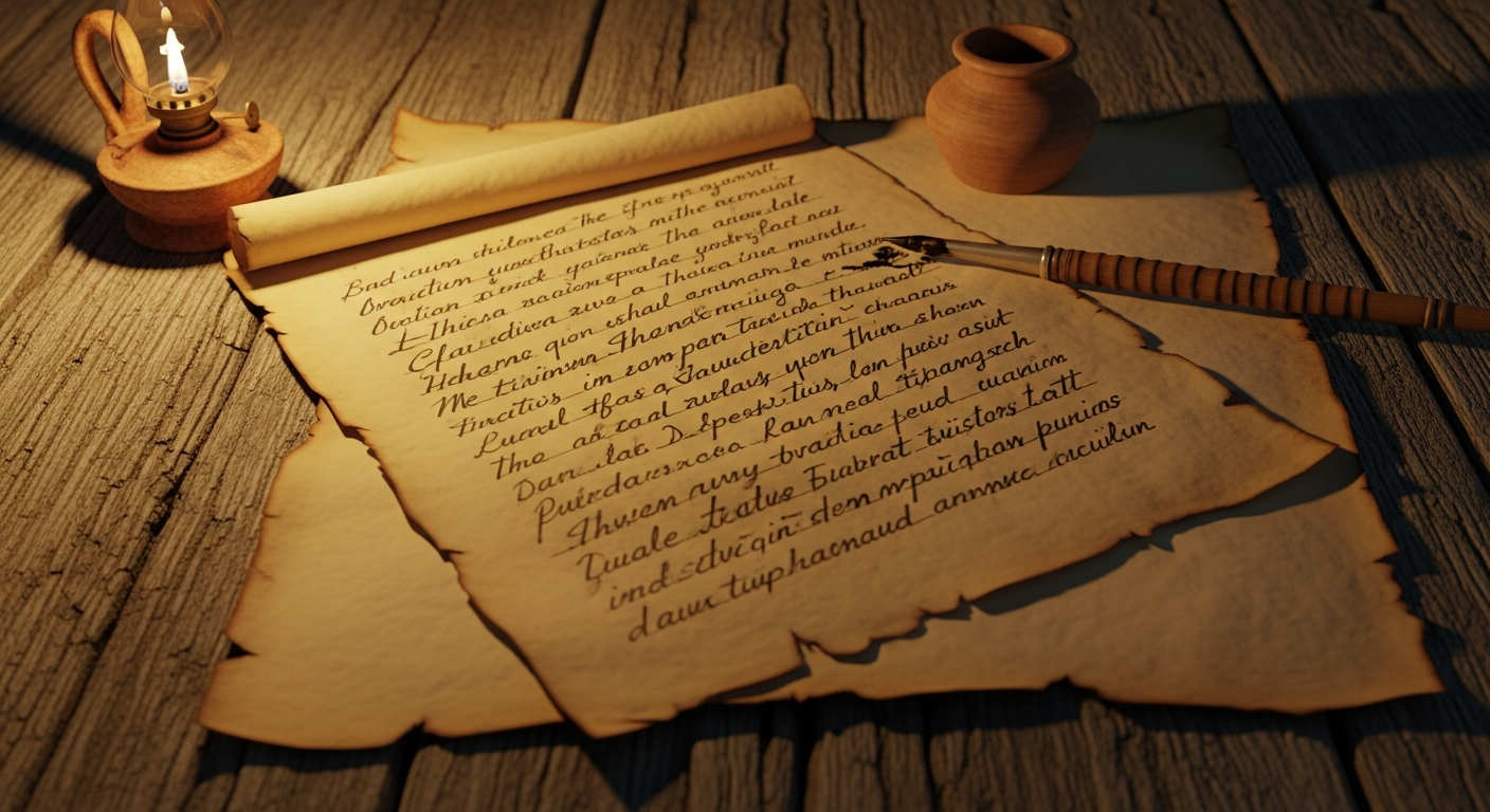 Aged handwritten manuscript pages on dark wood, evoking the prison writings of early believers documenting faith under persecution across centuries