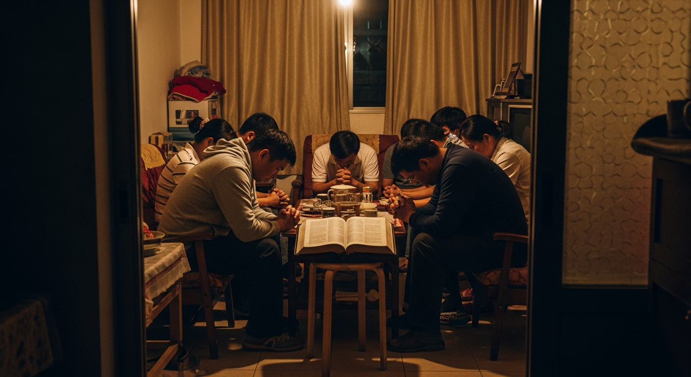 Modern underground house church gathering with believers in prayer, connecting historical persecution stories to the persecuted church worldwide today