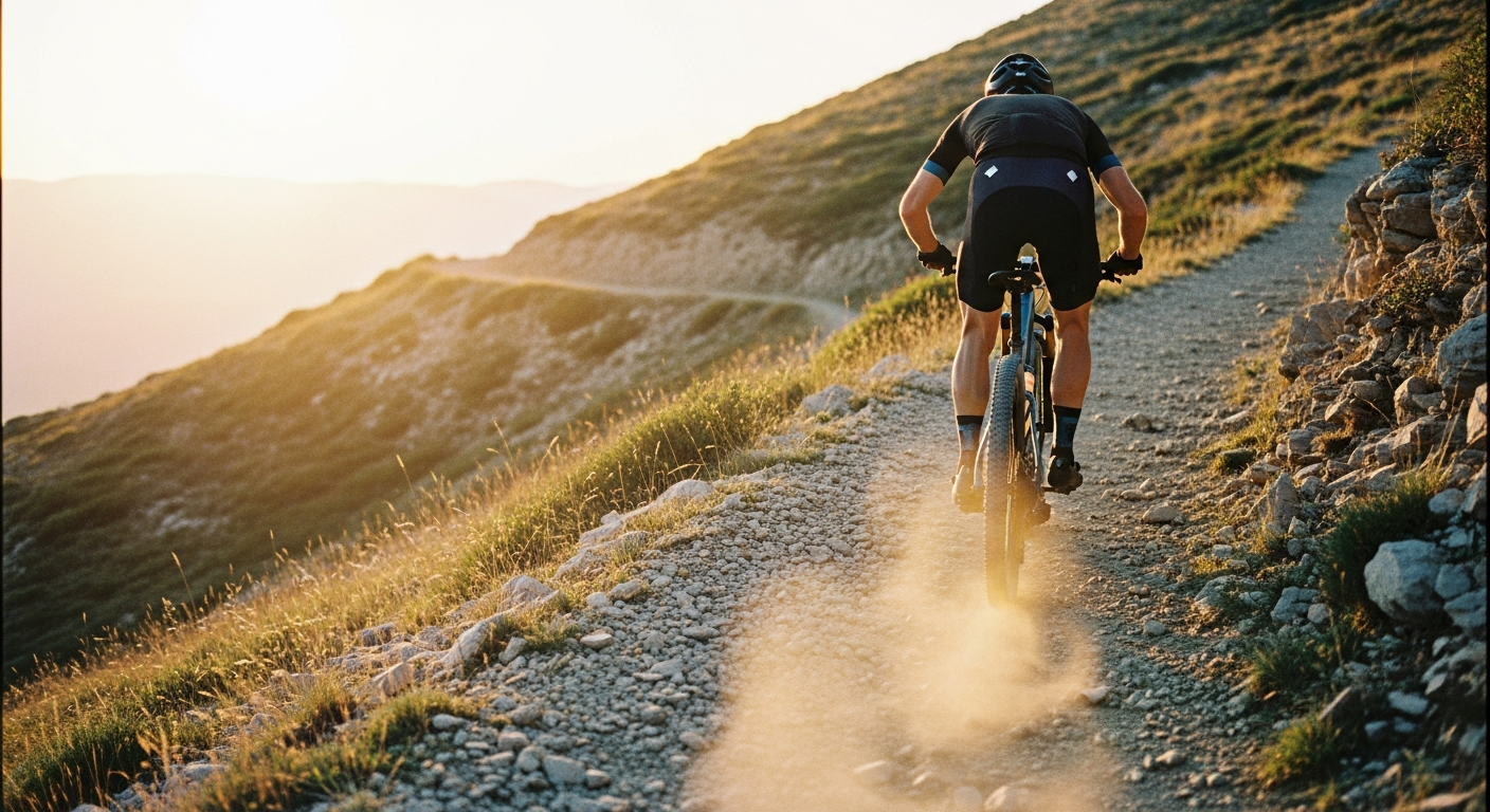 Lone cyclist grinding uphill on a steep mountain trail at golden hour with dust backlit by low sun, capturing perseverance of faith and refusing to forget God's words