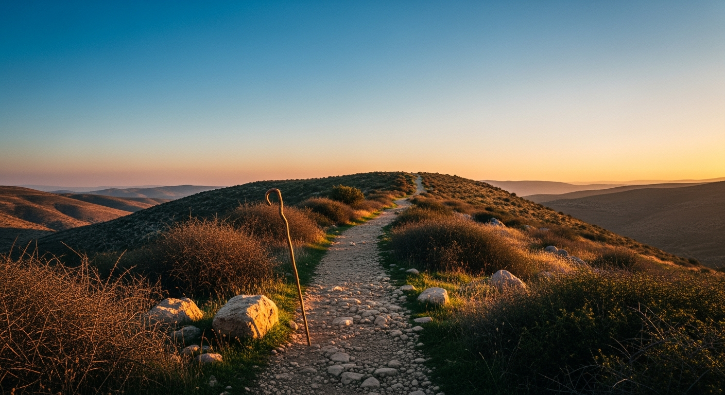 A narrow rocky path through the Judean hills at dusk with a walking staff resting against a boulder, the road of perseverance before the promised crown