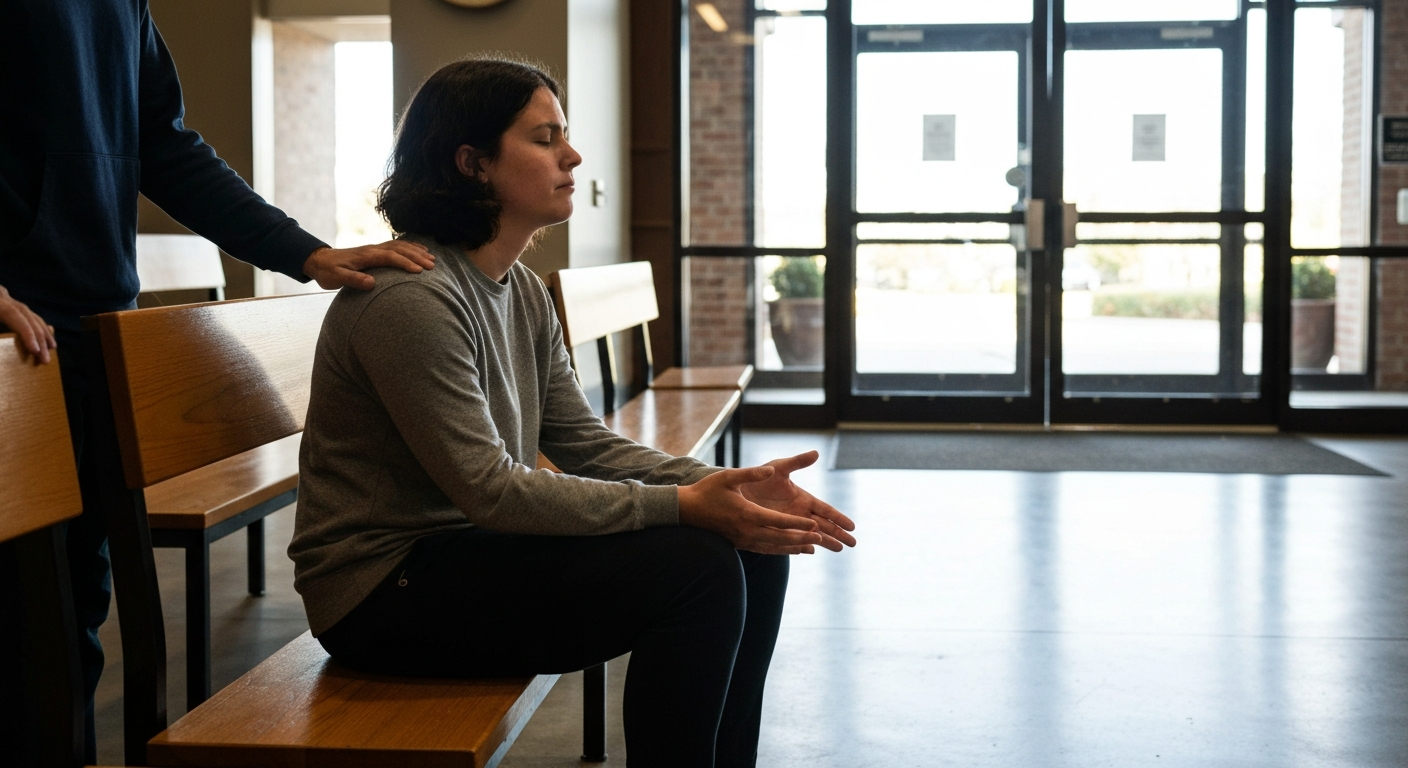 Person receiving prayer in a bright church foyer with a hand on their shoulder, capturing a personal prophecy moment in natural light