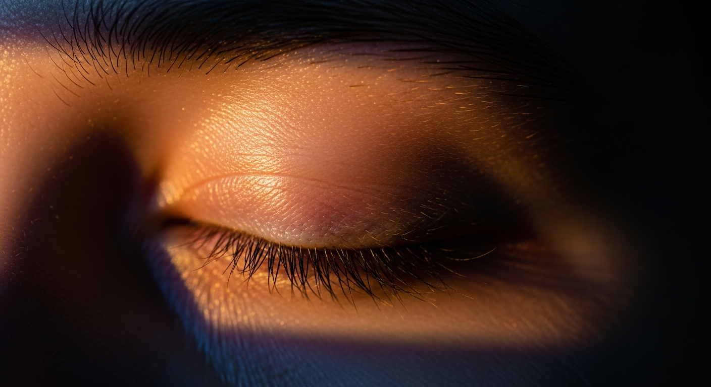 Close-up of a closed eye with warm light glowing through the eyelid, how God speaks through thought, image, and conviction in the mind's inner space