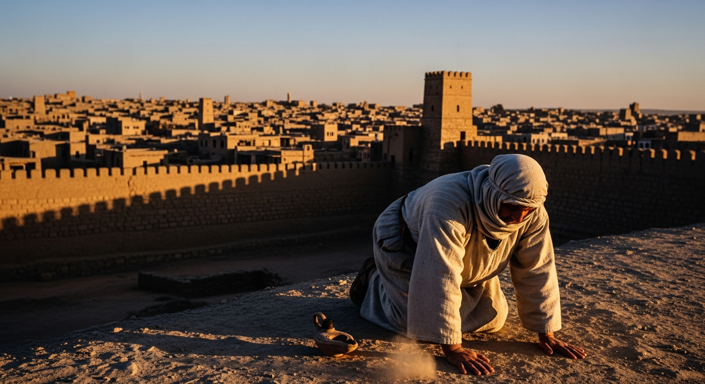 Believer kneeling in prayer before an ancient city at dusk, practicing spiritual discipline through fasting and faith that changes communities
