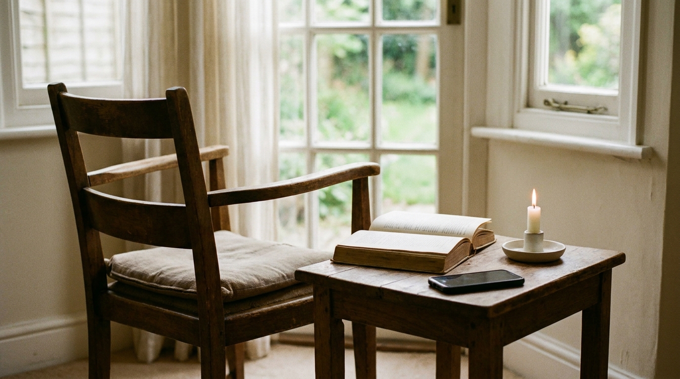 An empty wooden chair with a cushion by a bright window, beside a small table with an open Bible, a lit candle and a smartphone set aside, a quiet corner kept for prayer