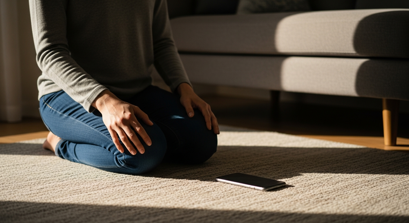 Person praying with phone set aside, illustrating that prayer apps are tools that serve your prayer life rather than replace conversation with God