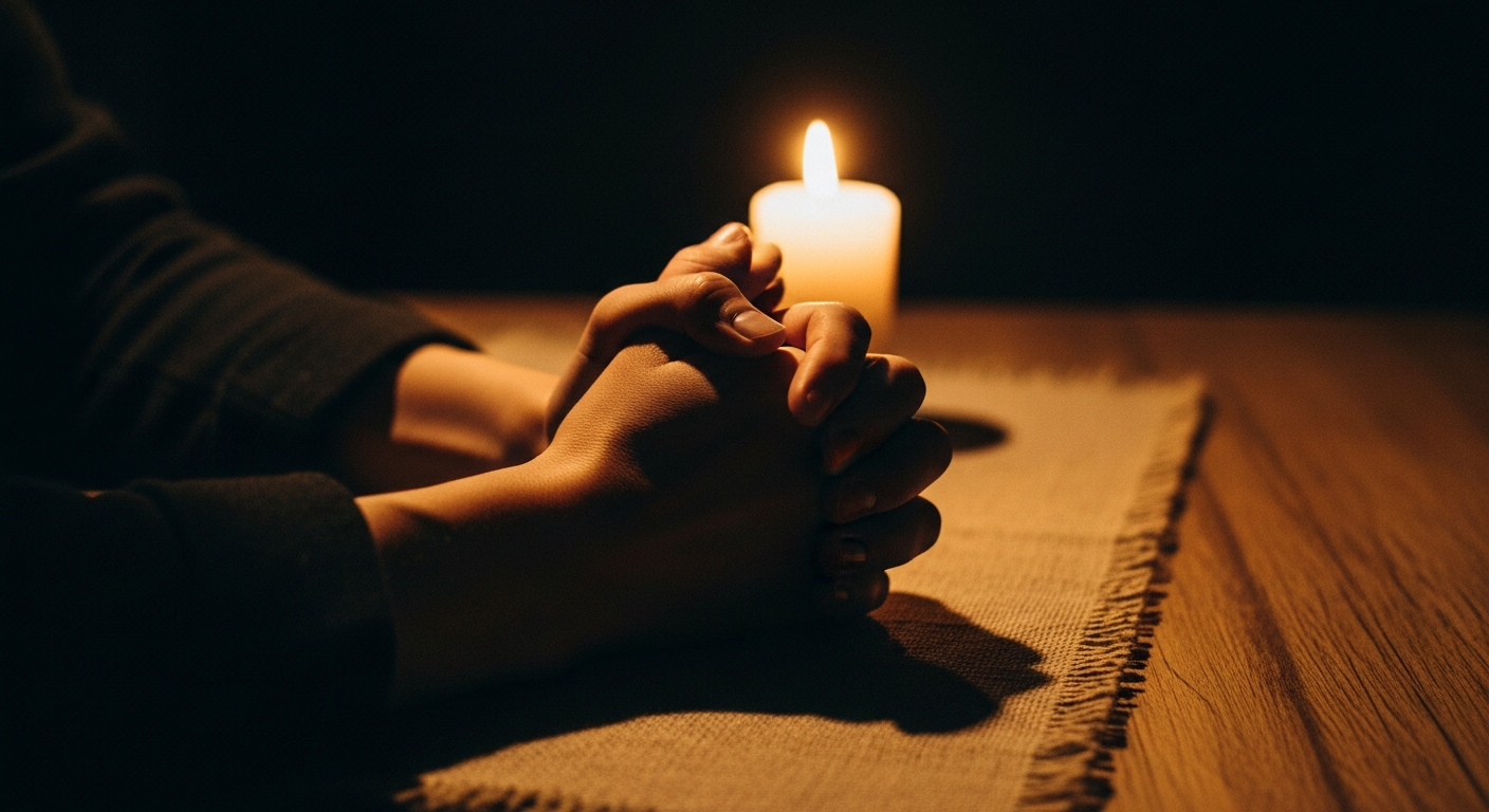 Clasped hands in prayer on linen cloth lit by a single candle flame, speaking from love rather than performing for approval in a daily faith series
