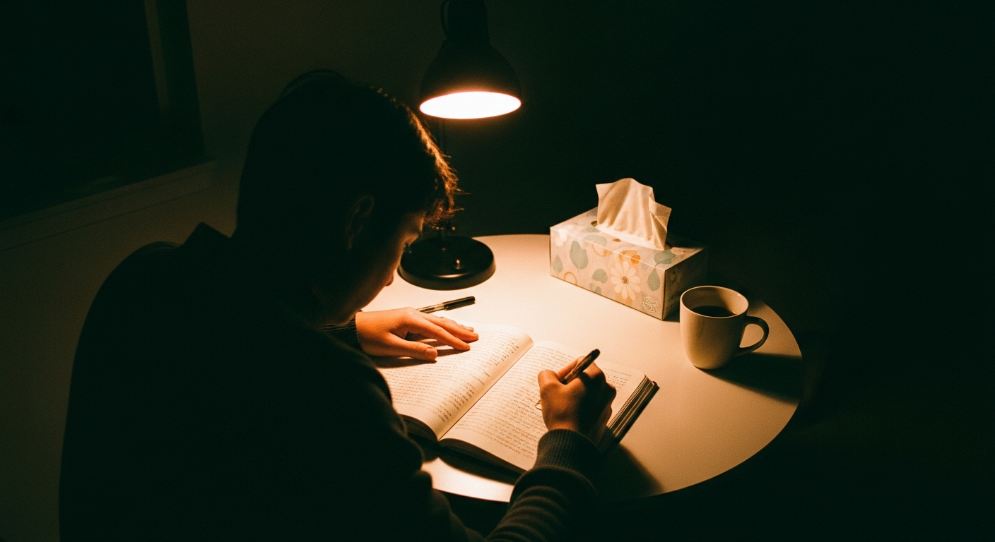 Person writing honestly in a journal at a dimly lit table late at night, capturing the raw vulnerability of prayer prompts for lament and honesty before God
