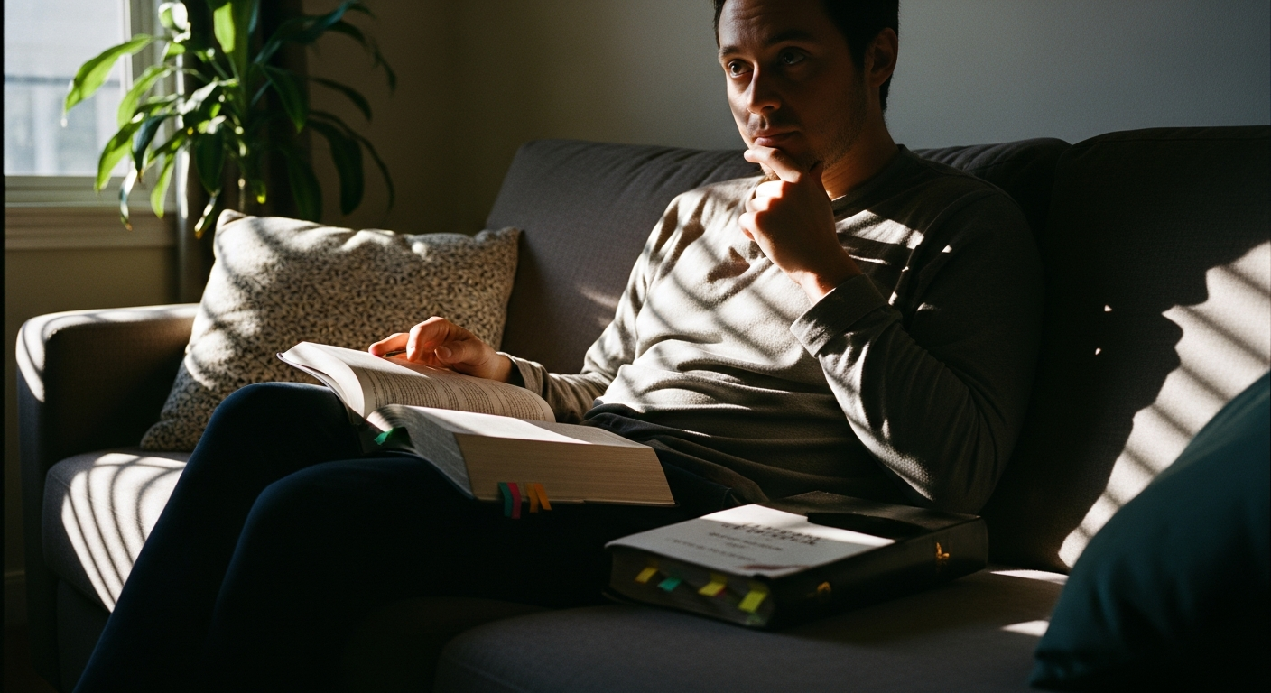 Person reviewing past prayer journal entries with a Bible nearby on a sunny afternoon, building the spiritual discipline of remembering God's faithfulness