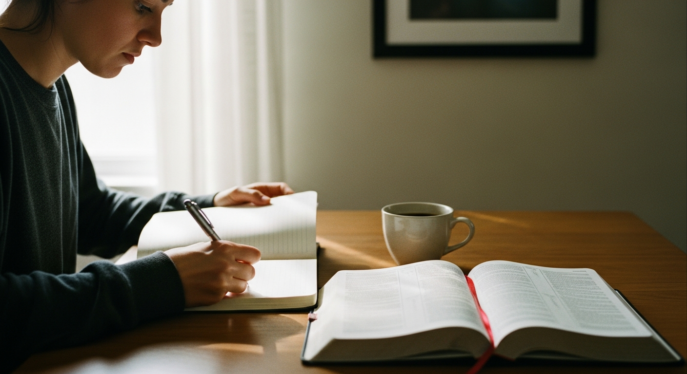 Person sitting with an open prayer journal and Bible, pen in hand, reflecting on prayer journal prompts designed to deepen their conversation with God