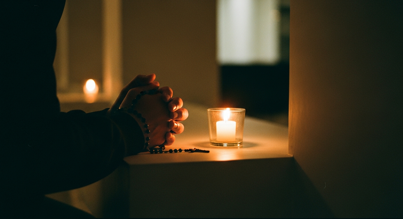 Hands clasped in prayer beside a lit candle in a quiet room, reflecting guided Catholic meditation and Rosary practice offered by the Hallow prayer app
