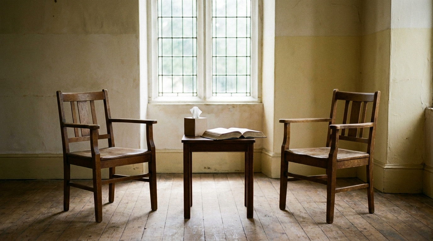Two chairs set facing each other in an empty church hall, a tissue box and an open Bible on a small table between them, soft natural window light, documentary still life, no visible faces