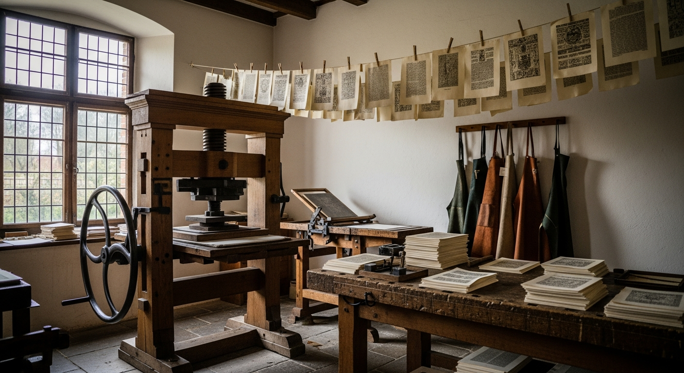 Gutenberg printing press with freshly printed Bible pages drying in a workshop, the Reformation spreading God's Word to believers worldwide