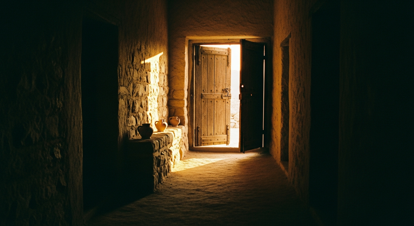 Open wooden doorway flooding warm light into a dim stone corridor, capturing the Father's heart welcoming prodigal returners home to God's honour