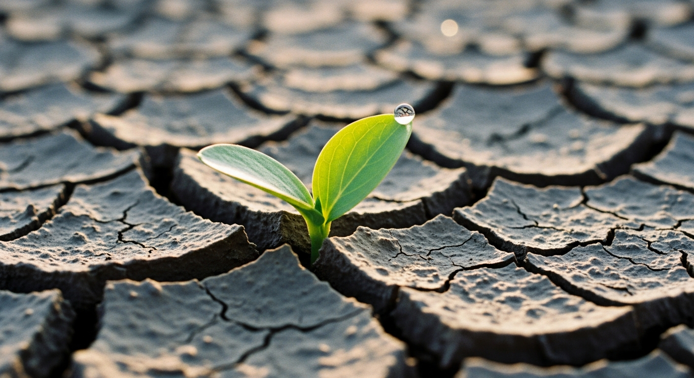 A single green shoot with dew pushing through deeply cracked dry earth, God's promises blooming through hardship in life's hardest and most forgotten seasons