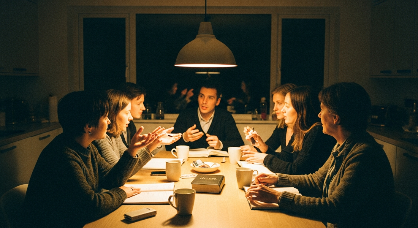 Group of believers gathered around a kitchen table under warm pendant light with open Bibles and notebooks, bringing prophecy back into homes and everyday community life