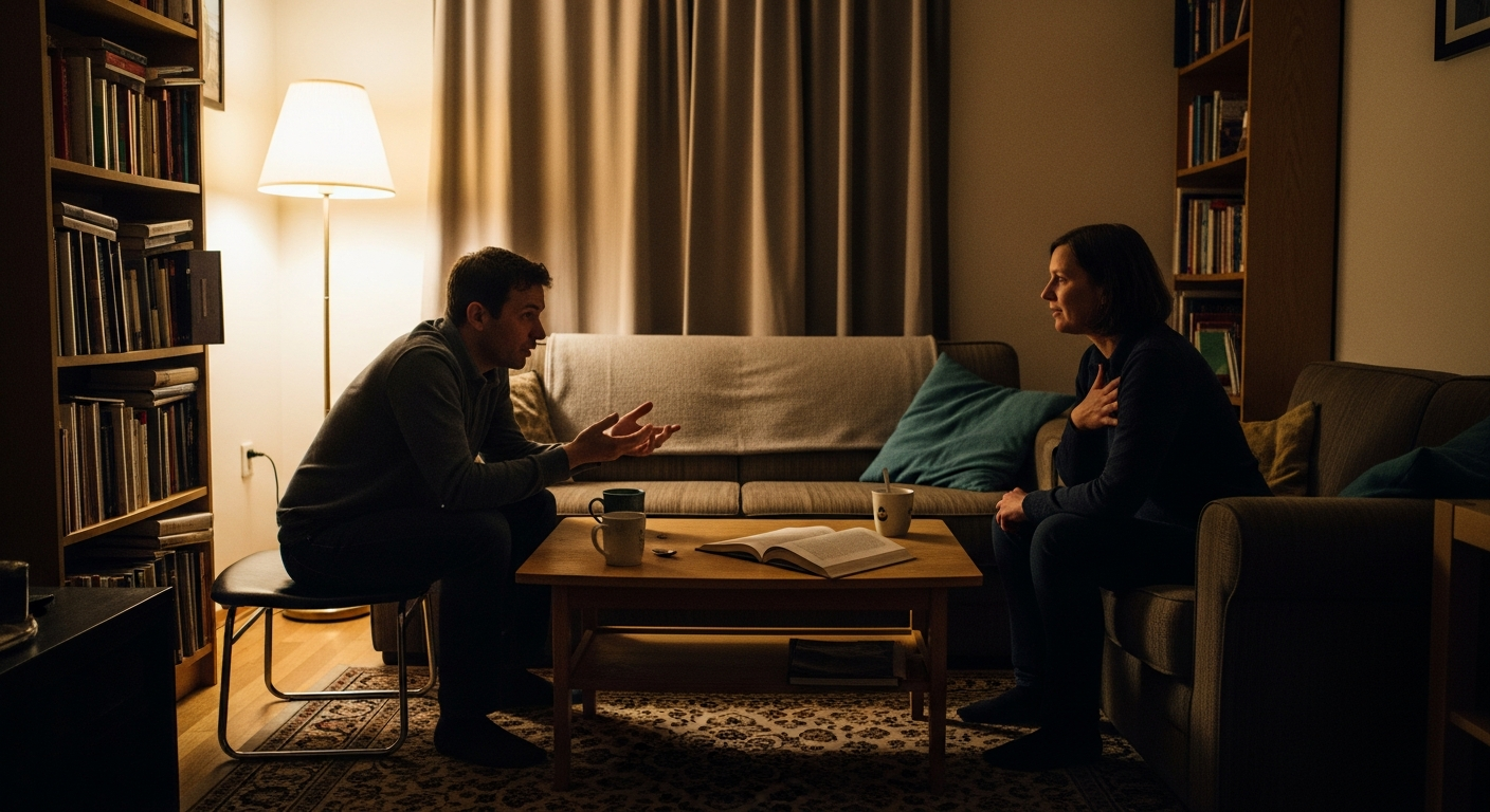 Two believers sharing encouragement and prophecy quietly on a living room sofa with open Bibles, showing prophetic words are for people not platforms