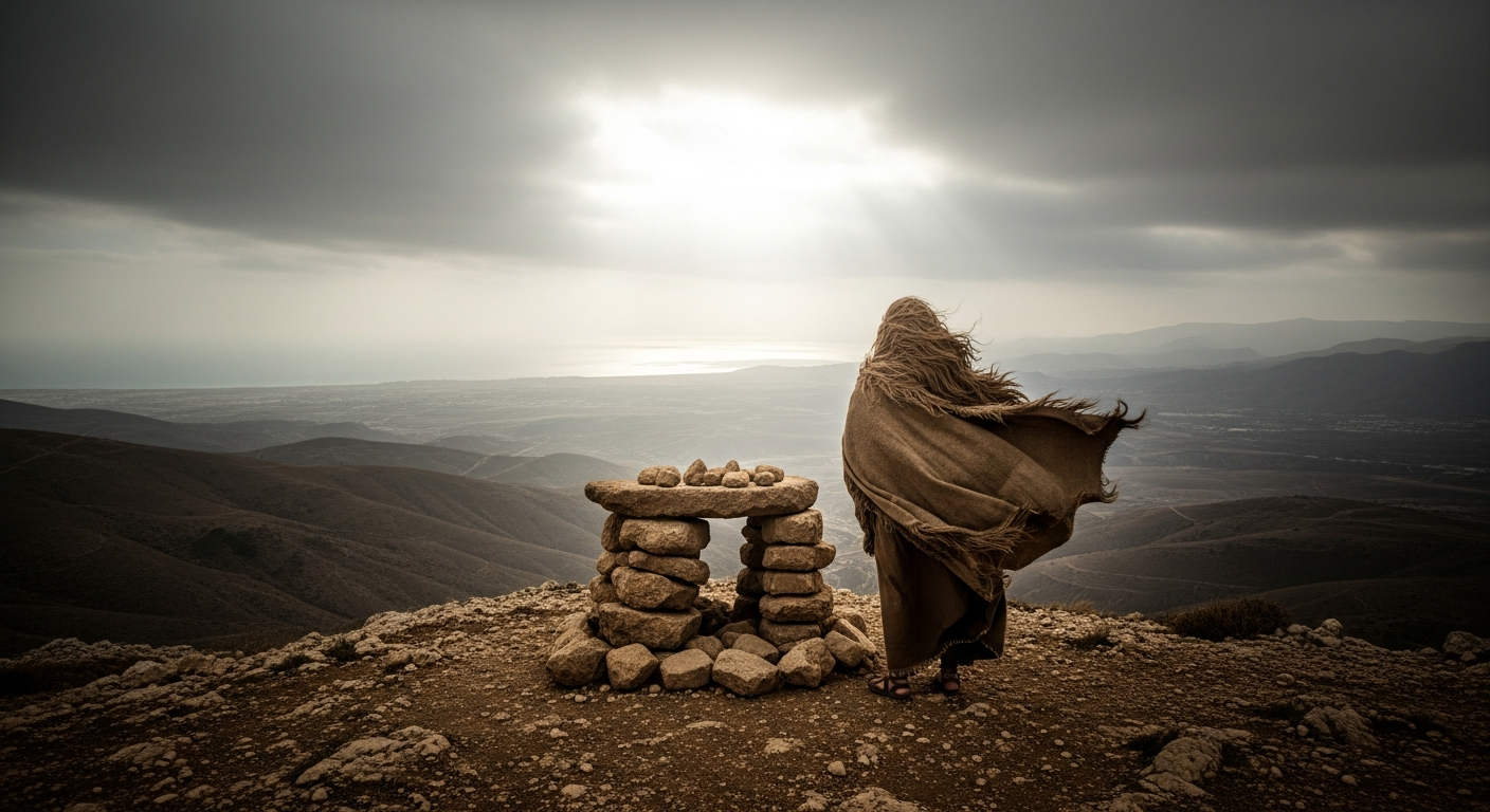 Prophet Elijah standing alone on Mount Carmel beside a stone altar, faith and courage to confront idolatry and speak truth to power