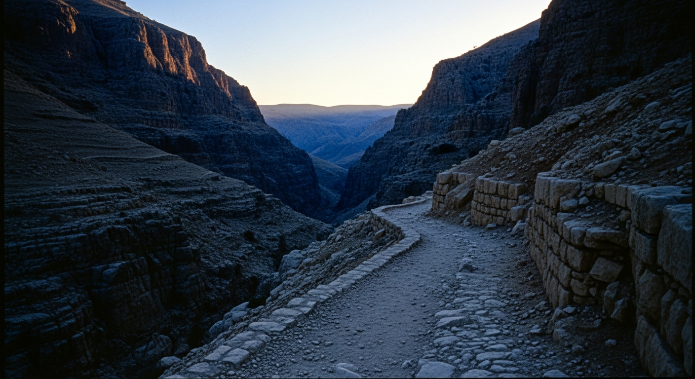 Narrow rocky path winding through a dark valley toward a bright dawn horizon, capturing the prophetic life of faith between God's promise and fulfilment