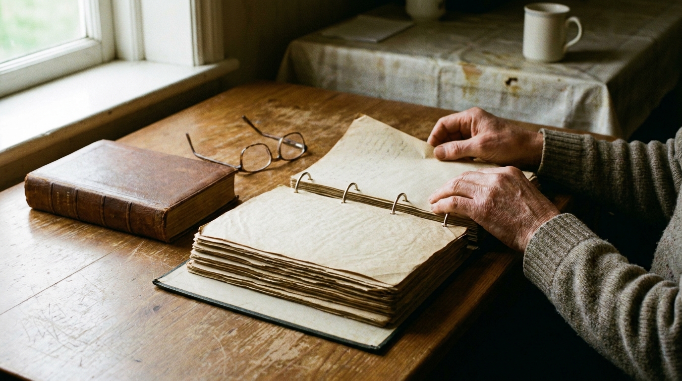 An open ring binder of church policy documents on a wooden table beside a Bible and reading glasses, soft window light, candid documentary style