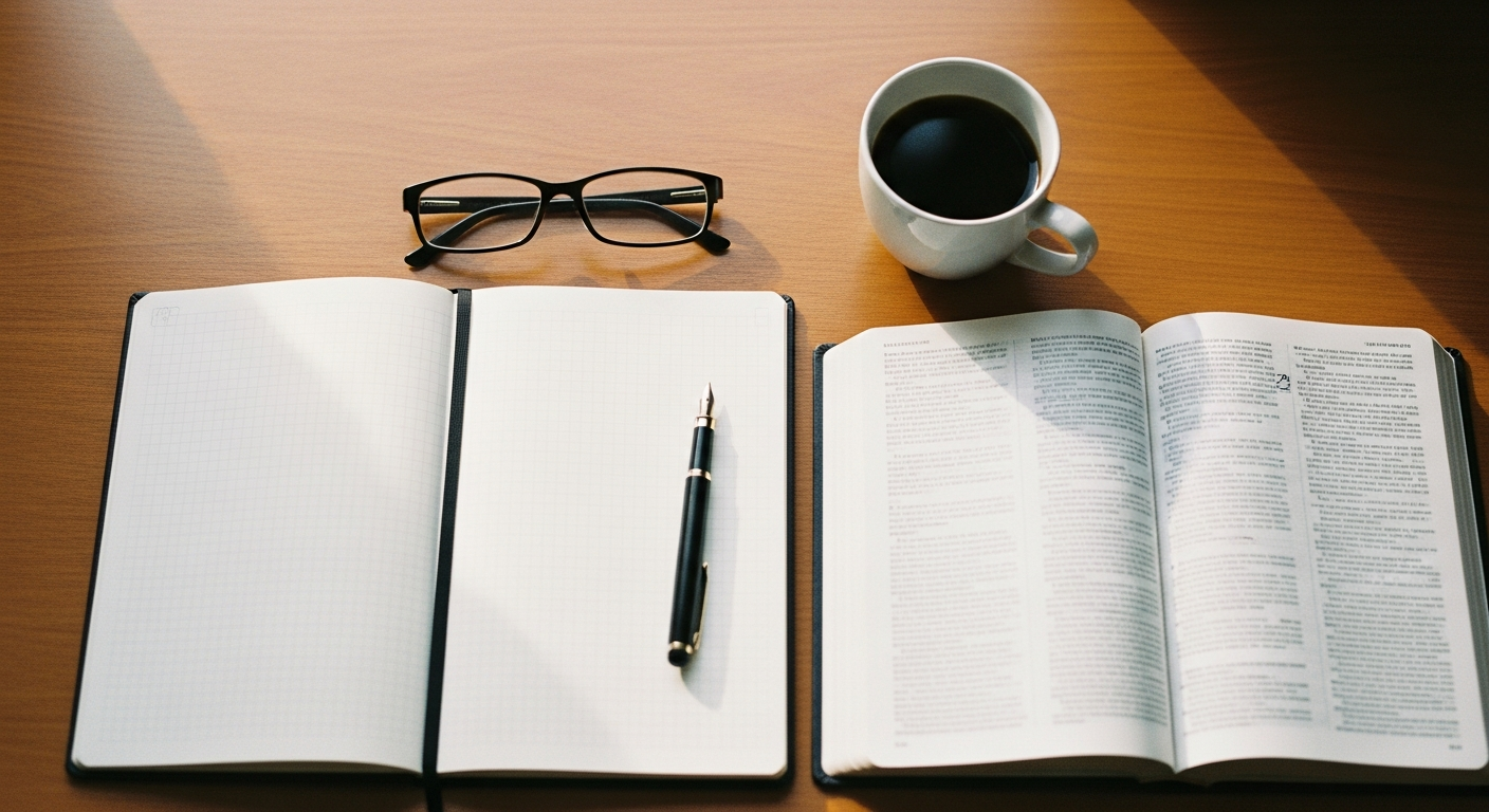 A pastor's desk seen from above with an open notebook, a fountain pen, an open Bible and a mug of coffee in soft morning window light, candid documentary style