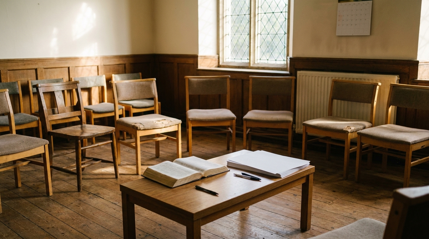 A circle of seven simple empty chairs in a bright church side room, an open Bible on a low central table beside a small stack of plain printed sheets and pens, warm afternoon light through a tall window, set for a prophetic ministry team training session