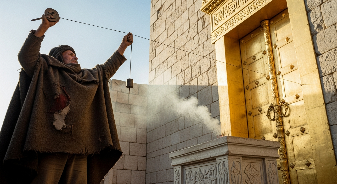 Dusty farmhand holding a plumbline before a gilded shrine entrance with incense smoke, illustrating the prophet Amos speaking justice against false worship in faith
