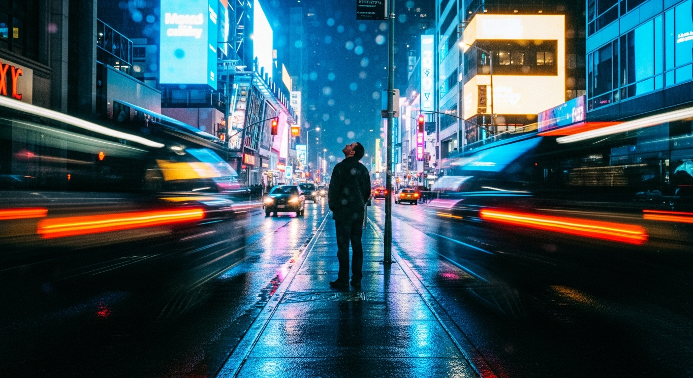 One person standing still on a rain-soaked city street at night while crowds blur past, a prophetic voice of God cutting through cultural noise