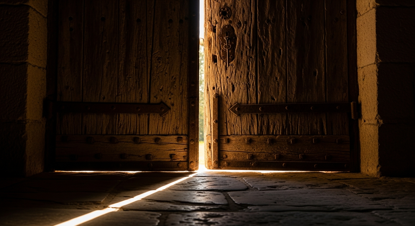 Heavy wooden door cracked open with brilliant warm light pouring through the gap and an iron key in the lock, illustrating how one prophetic word unlocks the next chapter of faith