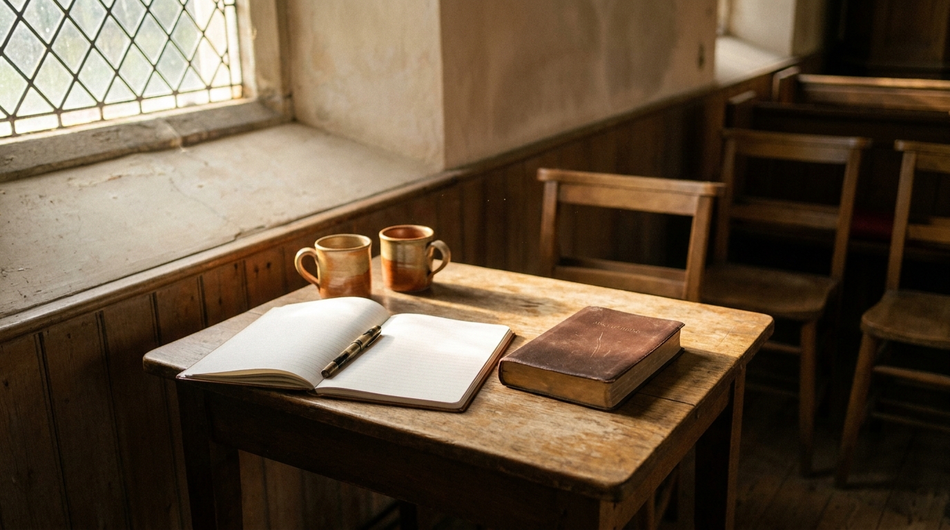 A church leader and a young couple sitting across a small table with an open notebook and a Bible, soft afternoon light, candid documentary photo of a pastoral conversation