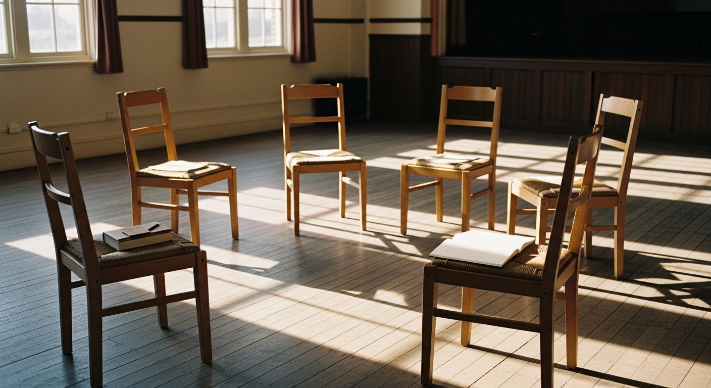 A small group of friends sitting close together around a kitchen table in soft morning light, open Bibles and a notebook between them, hands resting near a warm mug, documentary photojournalism, Kodak Portra 400