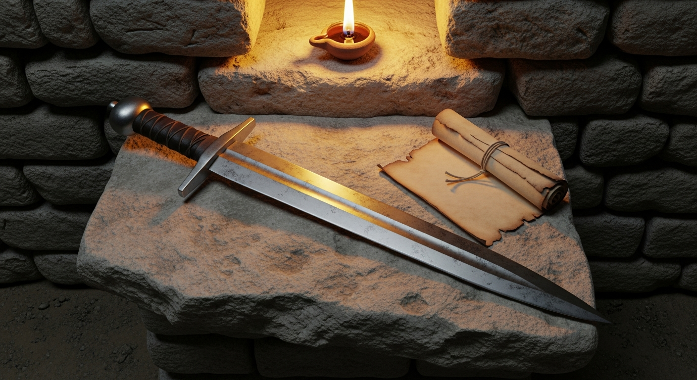 Iron sword resting beside a parchment scroll on weathered stone, prophetic words as spiritual weapons believers carry into battle for faith