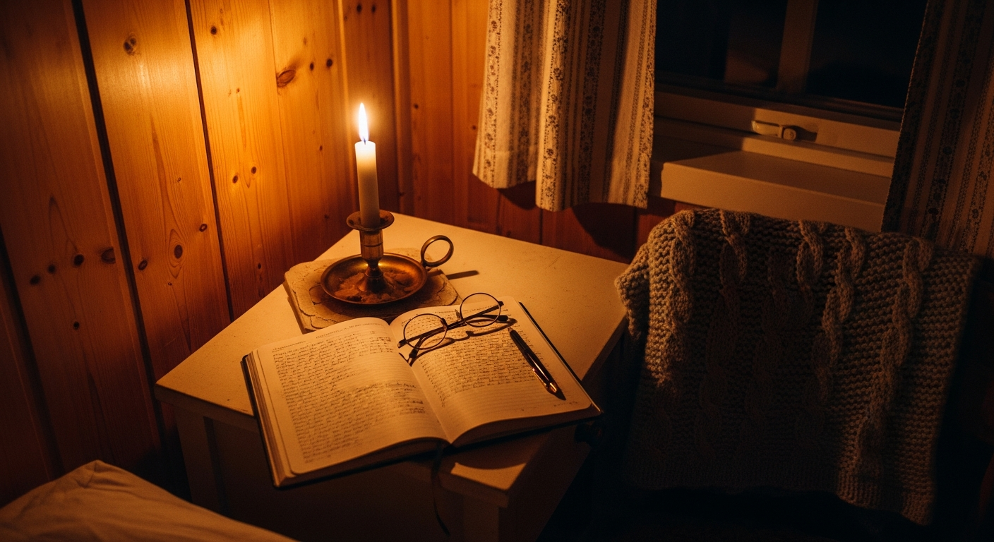 Lit candle beside an open prayer journal on a bedside table in a quiet room, a thousand faithful acts of courage building a lasting legacy