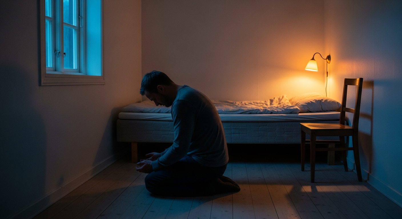 Man kneeling with open hands on a wooden floor in a sparse bedroom lit by one lamp at night, illustrating quiet surrender and trusting God's provision in faith