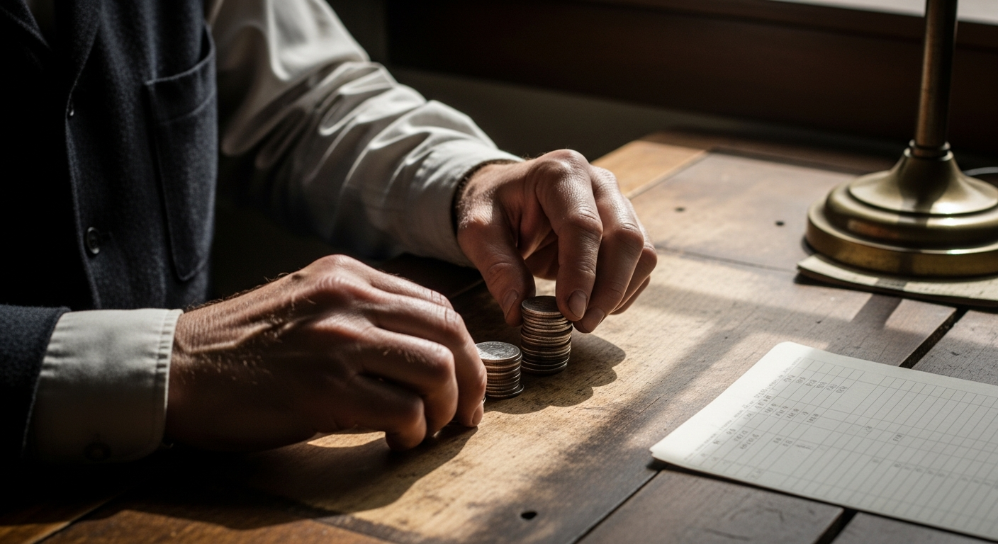 Calloused hands placing silver coins on a worn wooden factory desk in strong side light, capturing radical generosity of tripling wages through faith obedience