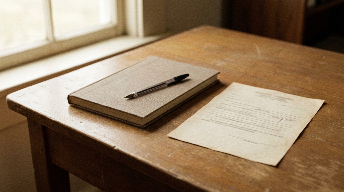 A closed notebook, a pen and a consent form on a plain wooden church office desk in soft window light, documentary still life