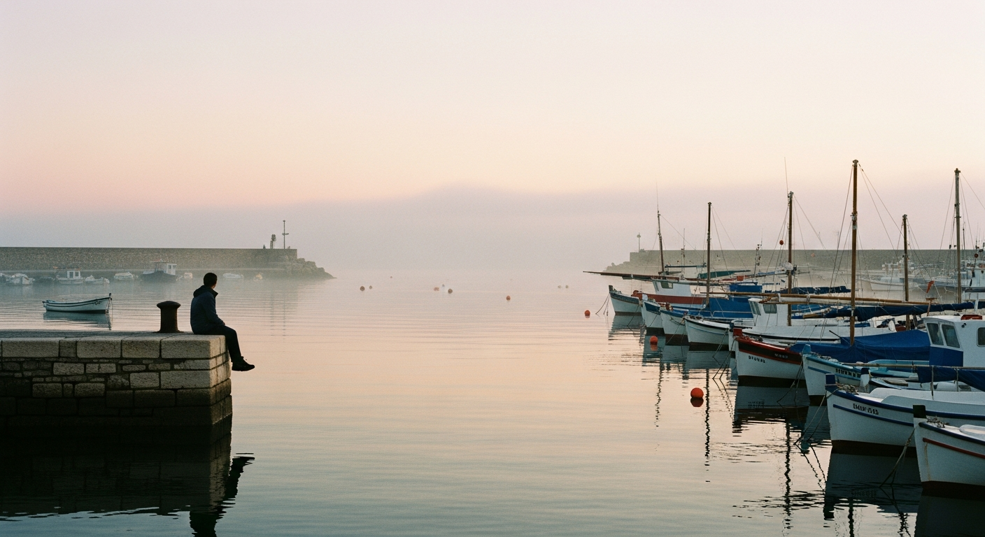Calm harbour at dawn with still water reflecting pink sky and moored boats in morning mist, representing recovery of faith through remembering what God has spoken after drifting
