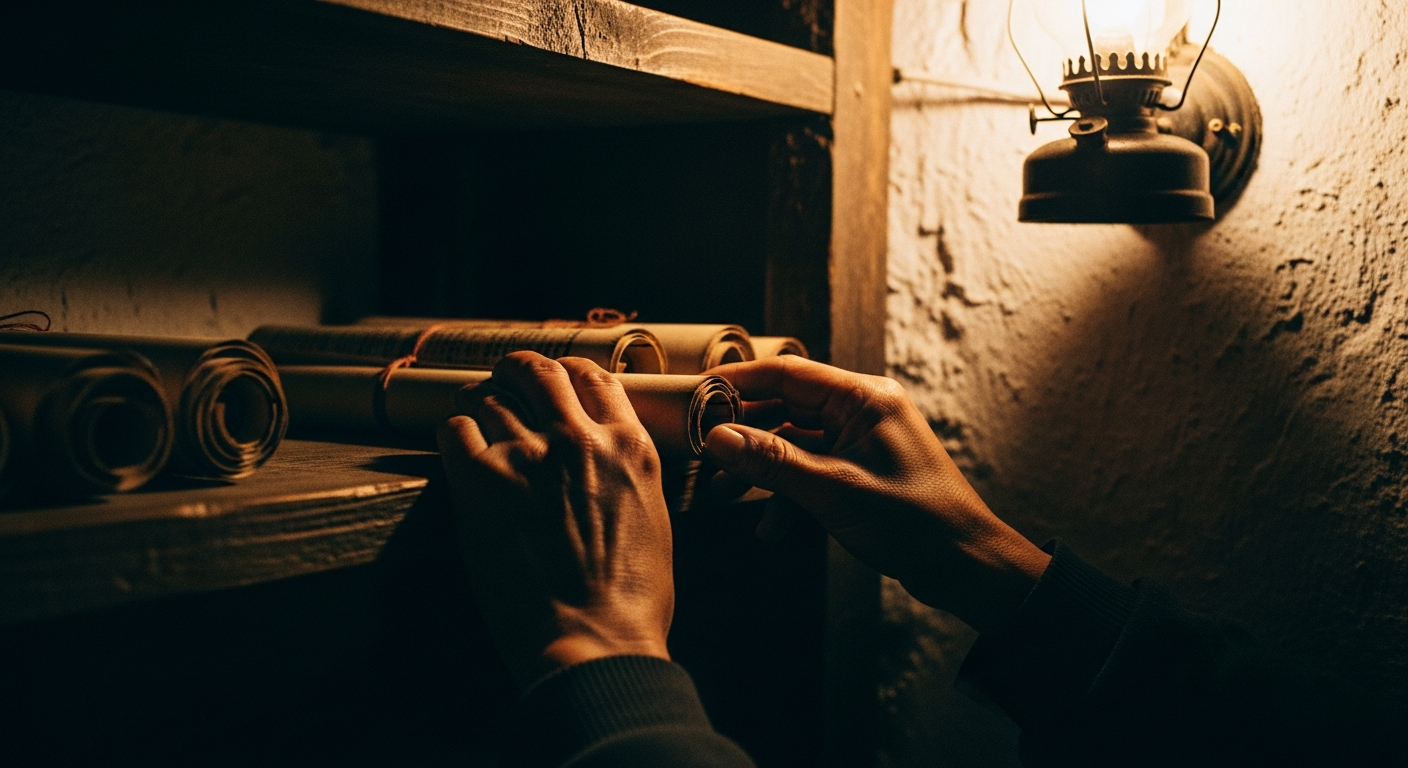 Hands pulling a scroll from a dark wooden shelf into warm lamplight, recovering forgotten promises God spoke as fuel for faith and courage