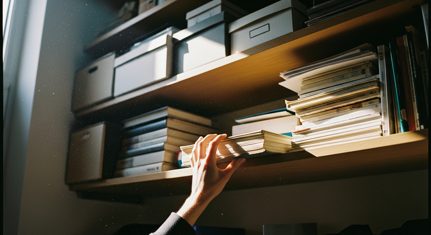 Hand reaching for a dusty notebook on a high shelf in warm window light, rediscovering forgotten words God spoke in past seasons of encouragement