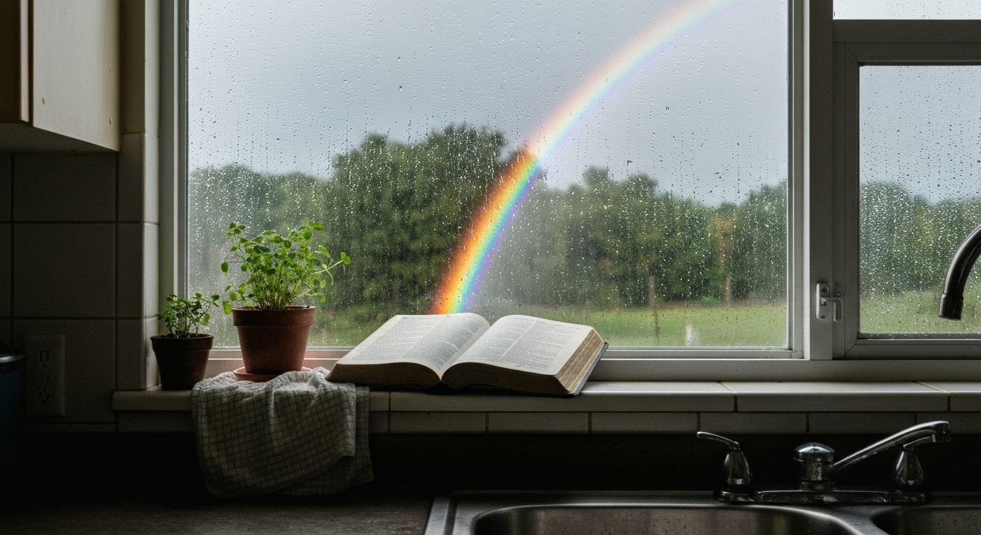 Rainbow through a rain-washed kitchen window above a Bible on the windowsill, remembering God's promises in bright after-storm light