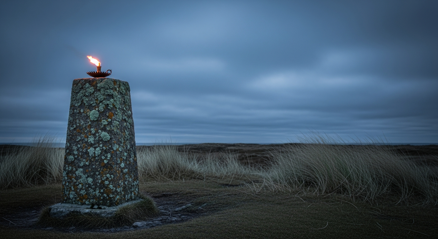Steady flame burning on a weathered stone pillar against a windswept twilight sky, illustrating how remembering God's faithfulness builds resilience and perseverance