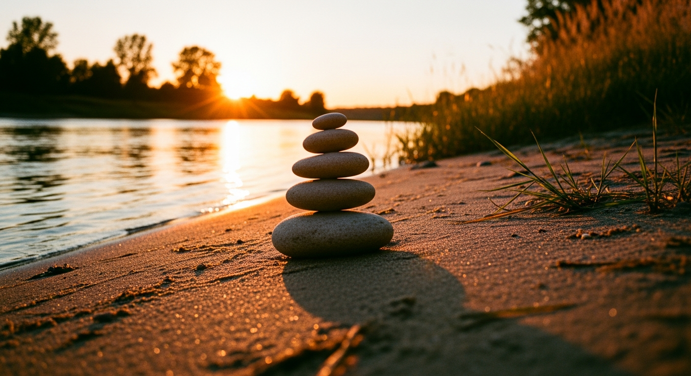 Stone memorial stack beside a river at sunset, showing the biblical practice of remembering God's faithfulness through physical stone reminders