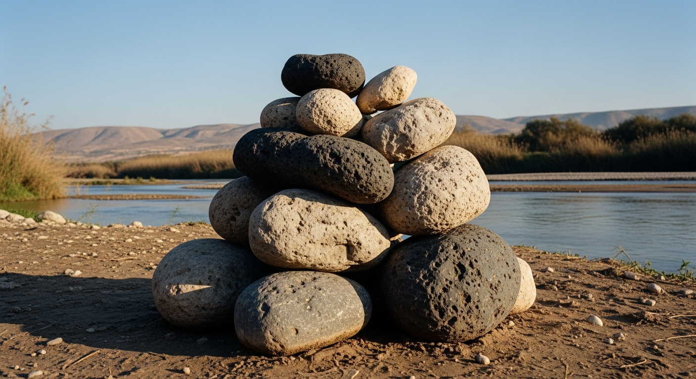 Memorial stones stacked by a sunlit river echoing Joshua's Ebenezer cairn at the Jordan, the biblical spiritual discipline of remembering what God said
