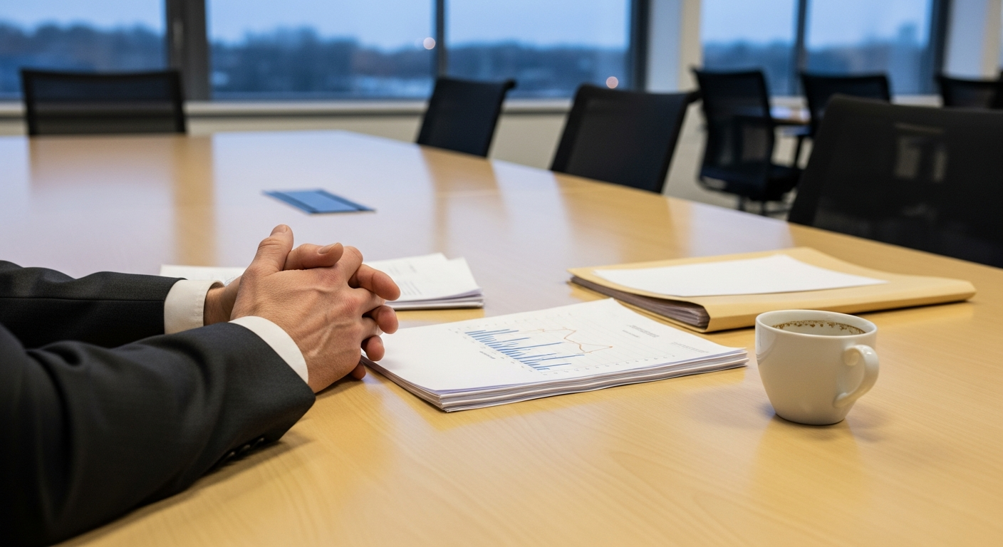 Office corridor with one door cracked open letting warm light through, faith and perseverance where resistance proves you have found God's direction